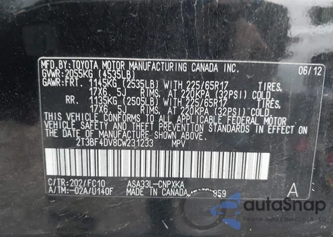 2012 Toyota Rav4 из США, поврежденный, VIN 2T3BF4DV8CW231233